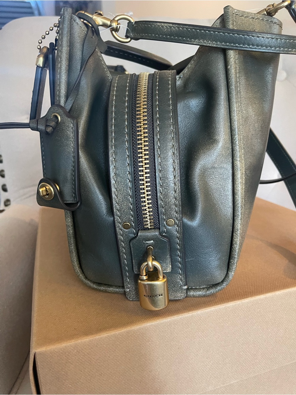 Coach Loved Leather Rogue 31 Brass/Green Rub-Off Soft Full Grain Leather NWT - Picture 3 of 16